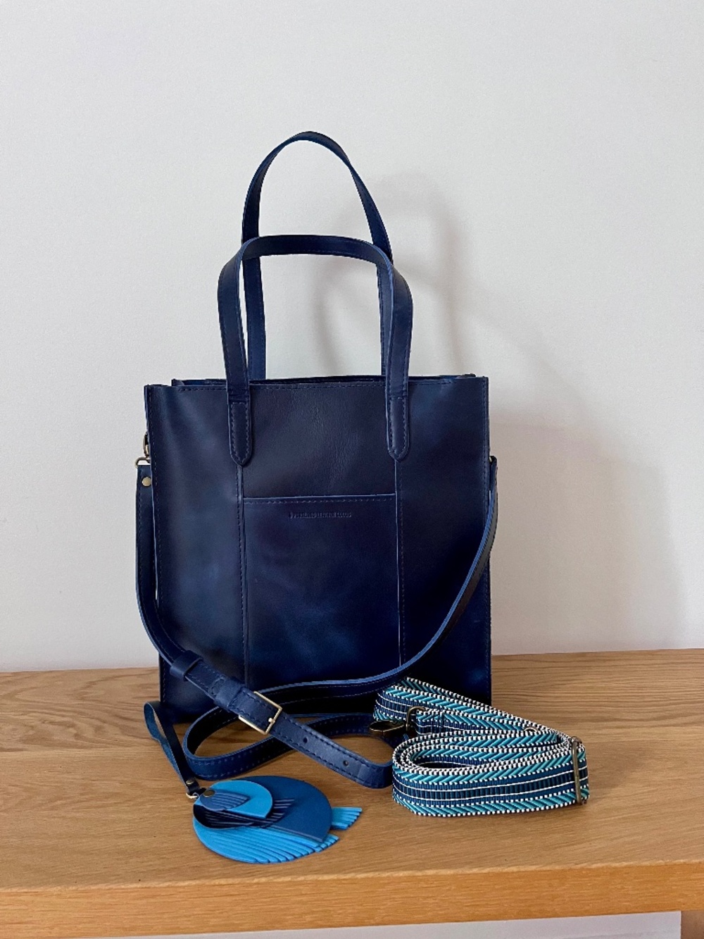 Portland Leather Large Lola North South Tote Cowboy Blue w/ flair & xtra strap